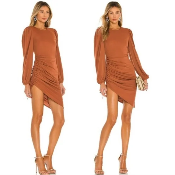 LOVERS and FRIENDS Suki Cinnamon Rust Ruched Puff Sleeve Asymmetrical Dress L - Picture 9 of 9